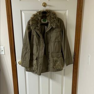 Anthropologie Khaki Faux Fur Utility Jacket